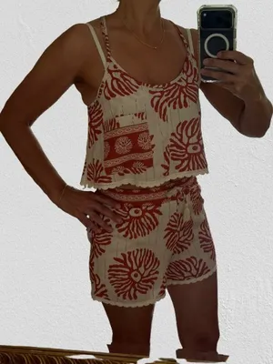 New Paradise Woman’s Set Top & Shorts Coral with Cotton Embroidery, Sz S thumbnail 1