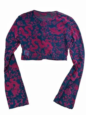 Soly Hux Dragon Print Mesh Crop Top Chinese Frog Button Bell Sleeve NWT Size XS thumbnail 7