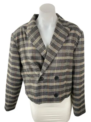 Oak + Fort Gray Plaid Check Notched Collar Long Sleeve Crop Blazer Coat Jacket M thumbnail 1
