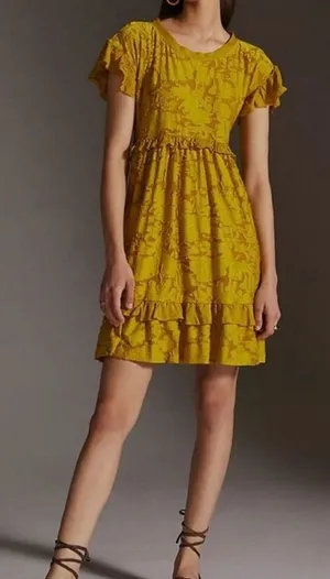Anthropologie Playful Ruffle Mini Dress Mustard Chartreuse thumbnail 1