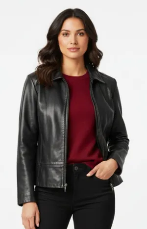 Nine West 100% Leather Black Zip Long Sleeve Jacket L thumbnail 1