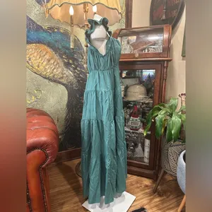 Davi & Dani Boho Minimalist Tiered Maxi Dress Teal Blue Flutter Sleeve Large thumbnail 8
