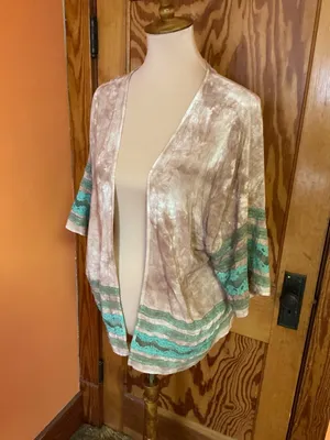 WYLD HEART Boho Tie Dye Kimono Cardigan Taupe Teal Lace Trim Open Front Size L thumbnail 9