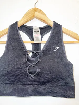 Gymshark adapt black/onyx gray camo lace up front seamless racerback sports bra thumbnail 2
