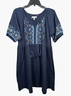 Cupio Small Dress Boho Navy Blue Embroidered Short Sleeve 100% Cotton Hippie thumbnail 1