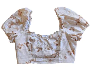 House of Harlow 1960 Linen Blend Sweetheart Crop Top Cream Brown Print Puff , 10 thumbnail 1
