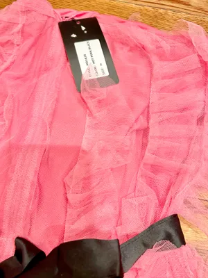 Michella vintage 1990s Barbiecore off the shoulder tulle pink/black bow dress M thumbnail 19
