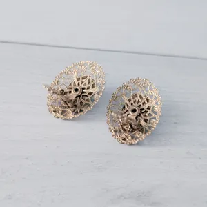 Vintage Clip On Earrings Large Ornate Gold Tone with Green Center thumbnail 5