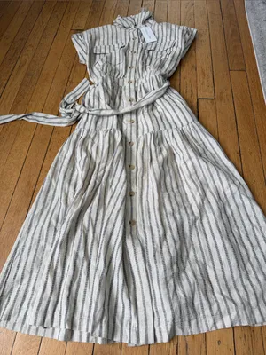 NWT Zoe and Claire Button-Front Maxi Dress with Waist Tie - Neutral Stripe XS thumbnail 4