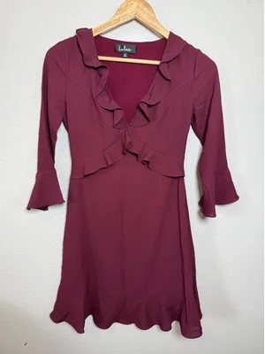 Lulus Burgundy Ruffle V-Neck Bell Sleeve Fit and Flare Mini Dress‎ XS thumbnail 1