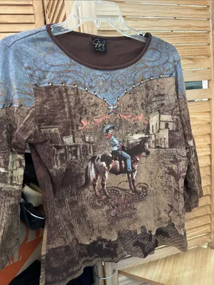 Katina Marie Brown and Blue Western Graphic Long Sleeve Tee Medium thumbnail 1