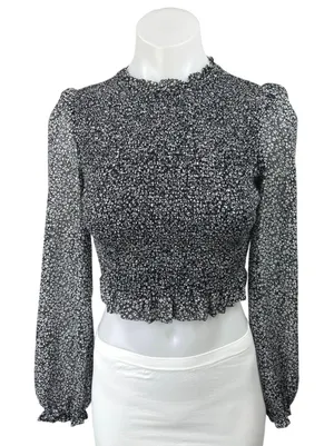 Aritzia Wilfred Tempest Black Floral Smocked Puff Sleeve Crop Top Blouse Sz 2XS thumbnail 1