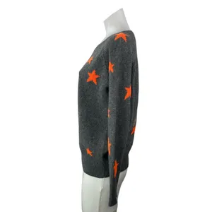 360 Cashmere Women's Gray Orange Star Knit Long Sleeve Round Sweater Top Size S thumbnail 2