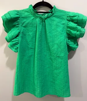 THML Ruffle Sleeve Ruffle Collar Textured Blouse Green thumbnail 1