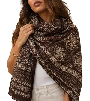 Brown Cream Boho Viscose Pashmina Shawl Wrap Scarf Floral Geometric Print thumbnail 1