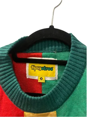 Tipsy Elves Christmas Present Ugly Christmas Sweater Gold Bow Small Unisex Red thumbnail 3