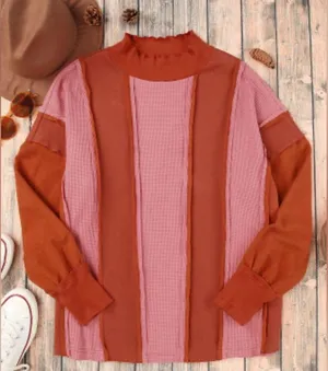 NEW Red and Pink Waffle Knit Exposed Seam Patchwork Top Size M thumbnail 7