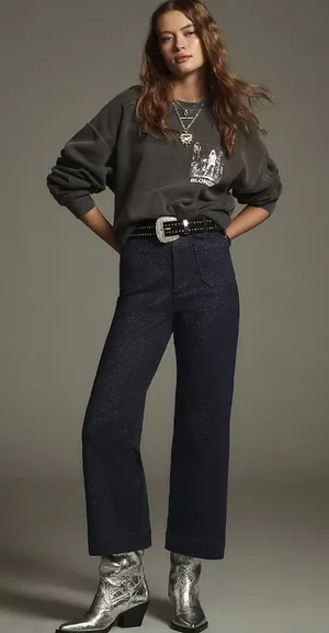 Anthro Maeve Colette Wide Leg Cropped Jeans Sparkle Denim 28 thumbnail 1