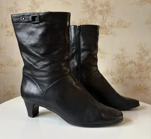 Vintage 90s y2k black leather square toe block heel zip buckle whimsigoth boots thumbnail 1