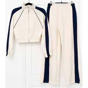 Love Poem Cream Navy Red Track Suit Set Small Zip Jacket Wide Leg Pants Y2K thumbnail 2
