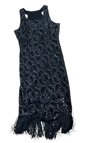Flapper Gatsby Sequin Fringe Dress Womens XL Black Silver Paisley Glam thumbnail 1