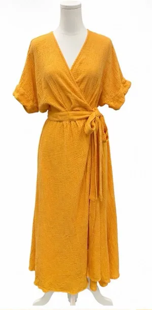 Marine Layer Medium Golden Yellow Cotton True Wrap Midi Dress Belted thumbnail 1