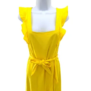 Reserved Yellow Linen Blend Ruffle Wrap Midi Dress Square Neck Tie‎ Waist 8 thumbnail 2