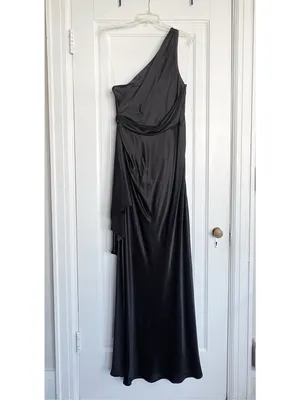 Meshki • Calliope One Shoulder Maxi Dress gown black satin formal evening draped thumbnail 3