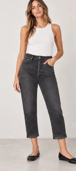AGOLDE Size 31 High Rise Straight Leg Jeans Washed Black Button Fly Cuffed Hem thumbnail 1