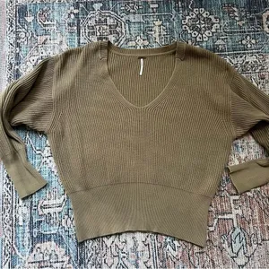 Free People Allure Tan V-Neck Oversized Sweater Ribbed Stretch Pullover Medium thumbnail 10