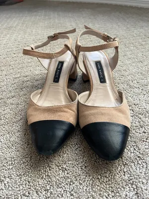 Zara Leather Slingback Block Heel Pump Strappy Beige Black Designer Size 6.5 thumbnail 3