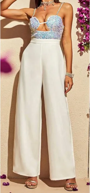 Boutique White and iridescent sequin jumpsuit thumbnail 1