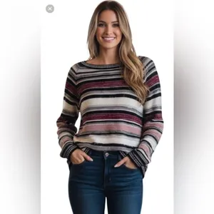 VENUS Sweater Women's Medium Purple Black Oversized Striped Long Sleeve Pullover thumbnail 14