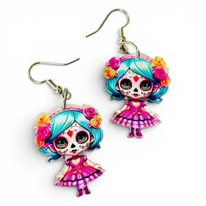 New Day of the Dead Sugar Skull Doll Acrylic Dangle Earrings thumbnail 5