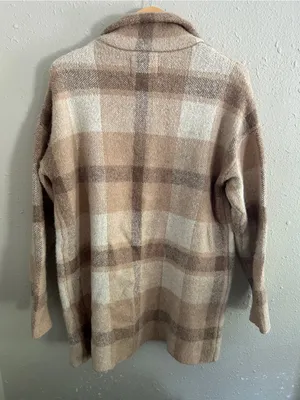 Thread & Supply Neutral Plaid Knit Cardigan Sweat Jacket Shacket Beige Taupe thumbnail 4