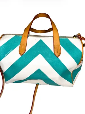 Dooney & Bourke Turquoise and White Chevron Satchel with Tan Trim thumbnail 3