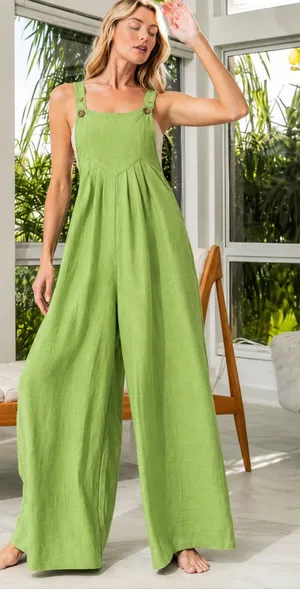 BiBi Sleeveless Linen Cotton Pockets Loose Wide Leg Jumpsuit Size Large thumbnail 1