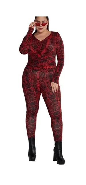 NY&C Red Snake Print‎ Jumpsuit Long Sleeve V Neck Party Outfit size 2X thumbnail 1