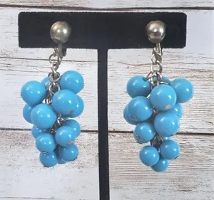 Vintage Clip On Earrings Bright Blue Balls Dangle Large Statement thumbnail 1