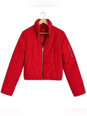 Guess Puffer Jacket Y2K Red Cropped Streetwear Quilted Zip Up Size Small thumbnail 2