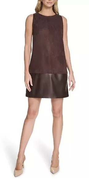 Calvin Klein Crewneck Two-Tone Brown Shift Short Dress, Size 2, NWT thumbnail 1