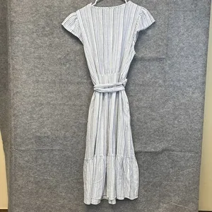 BRIGGS Linen Blend Midi Dress L Blue Striped Flutter Sleeve Belted NWT Coastal thumbnail 12