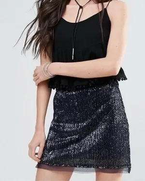Free People Sz 10 Wild Child Sequined Mini Skirt‎ Navy Blue Cocktail Party thumbnail 1