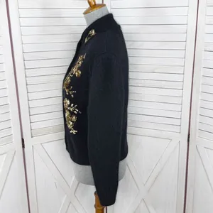Vintage Karen Scott Sequin Fuzzy Angora Wool Cardigan Sweater Black‎ Gold Medium thumbnail 2
