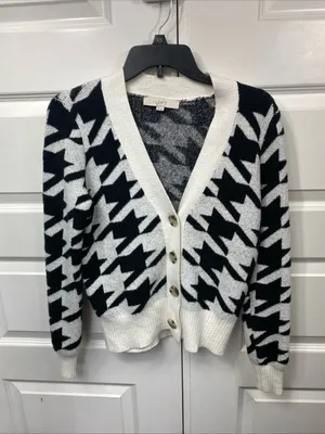 Loft Ivory Black Houndstooth V-Neck Button Front Cardigan Sweater XS Extra Small thumbnail 6