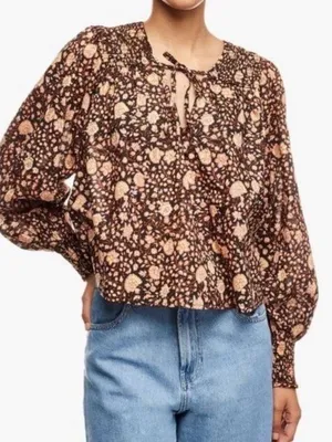 Billabong Desert Daze Floral Peasant Blouse Brown Smocked Long Sleeve Top Medium thumbnail 4