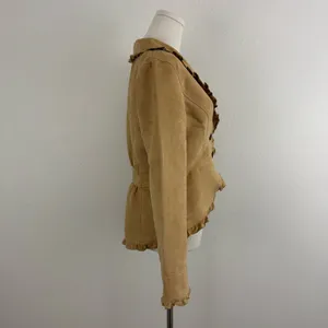 FADED GLORY Y2K Tan Blonde Faux Suede V Neck Ruffle Trim Button Up Blazer Jacket thumbnail 4