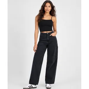 Tinseltown Juniors Baggy Cargo Jeans Size 0 Washed Black High Rise Wide Leg Zip thumbnail 3