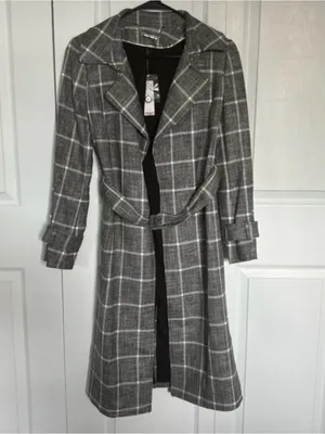 White House Black Market Gray Plaid Belted Trench Coat thumbnail 6