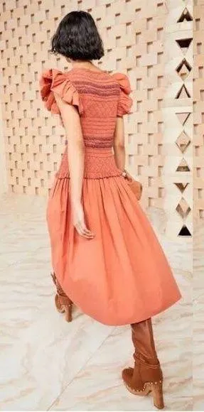 NEW NWT Madeline Smocked Midi Dress Clay thumbnail 2